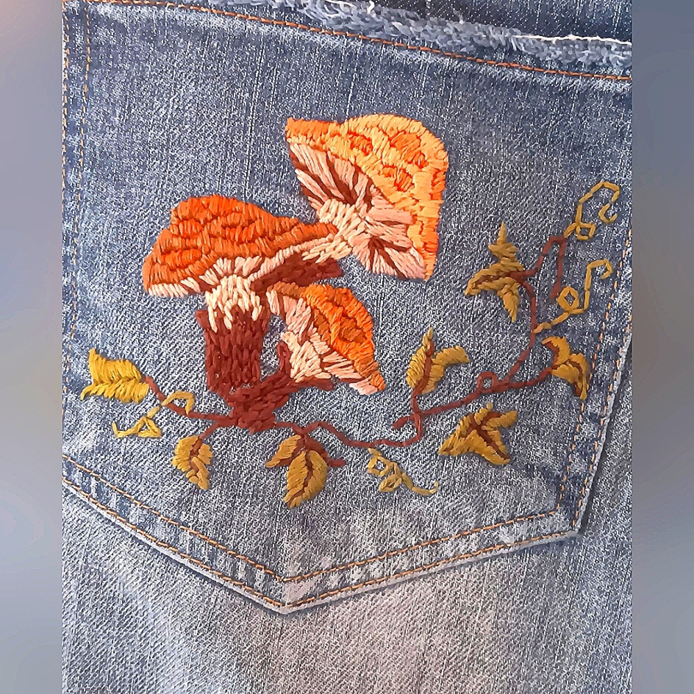 Hand Embroidered Hippie Low Rise Jeans 16 18 Unique Artsy Festival Funky - Picture 3 of 15